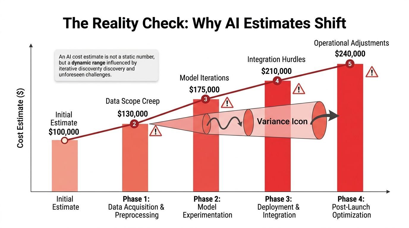 A bar chart titled The Reality Check: Why AI Estimates Shift, showing increasing costs across four project phases.
