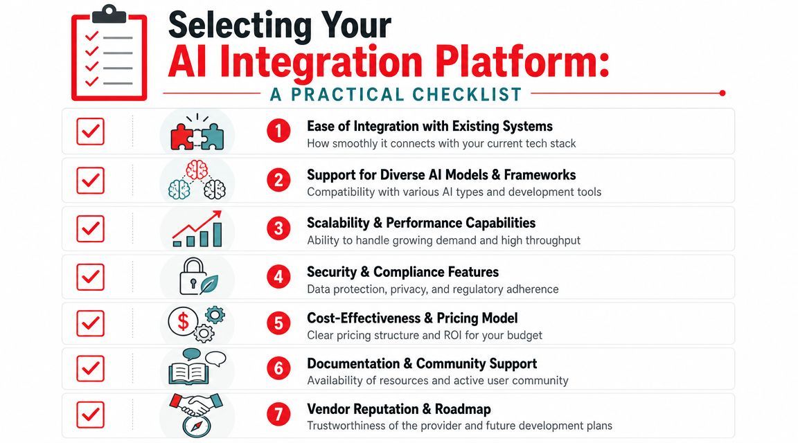 A checklist infographic listing seven essential factors for selecting an effective AI integration platform for businesses.