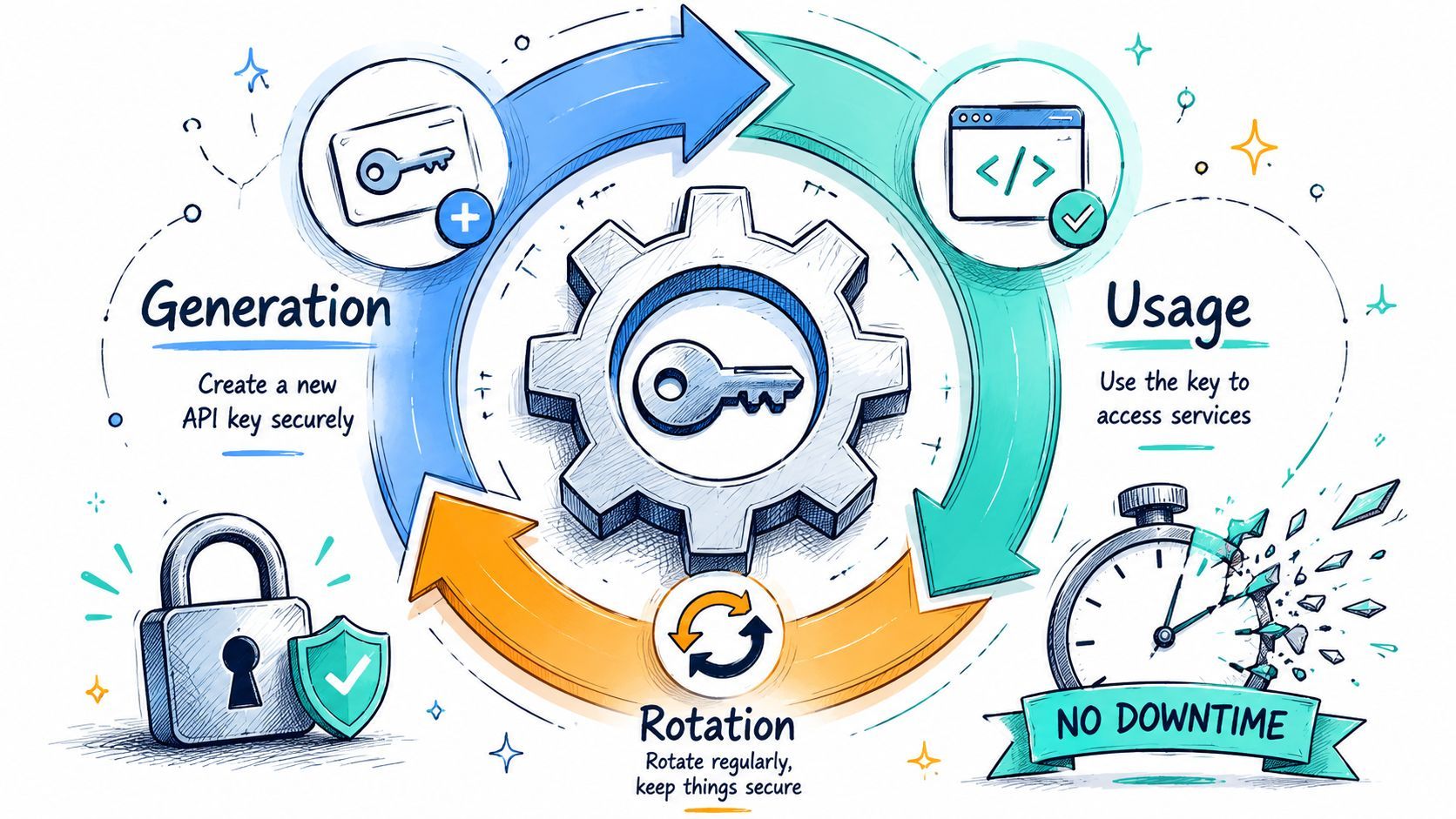 A circular diagram illustrating the API key management lifecycle featuring generation, usage, and secure rotation steps.
