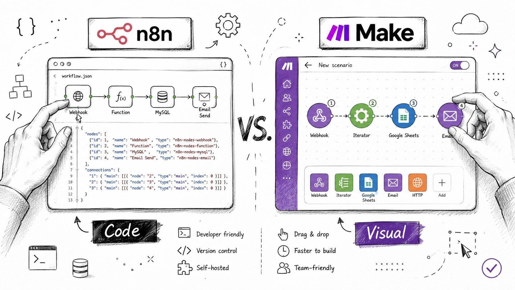 A comparative infographic showing n8n code-based workflow automation versus the visual drag-and-drop interface of Make automation platform.