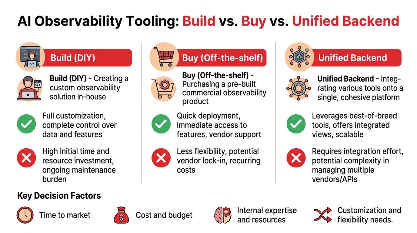 A comparison chart outlining build, buy, and unified backend strategies for AI observability tool implementation.