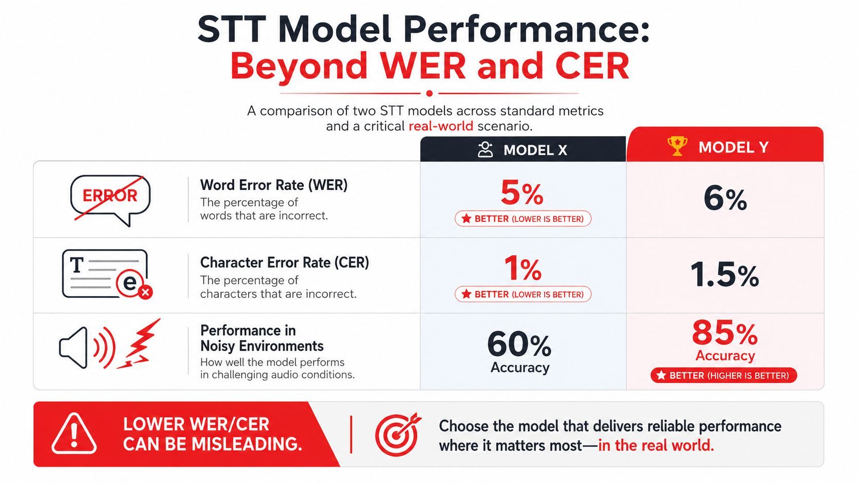 A comparison chart showing STT model performance using WER, CER, and accuracy metrics in noisy environments.