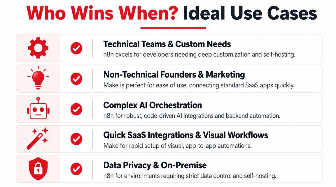 A comparison chart showing ideal use cases for n8n versus Make automation software for different user groups.
