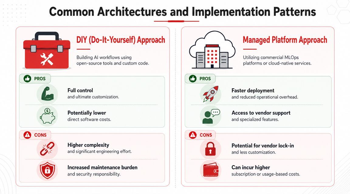 A comparison chart showing pros and cons of DIY AI workflows versus managed platform MLOps solutions.