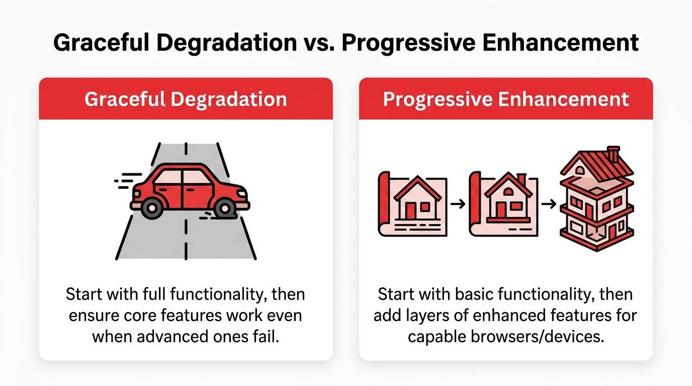 A comparison diagram showing the concepts of graceful degradation versus progressive enhancement for web development.