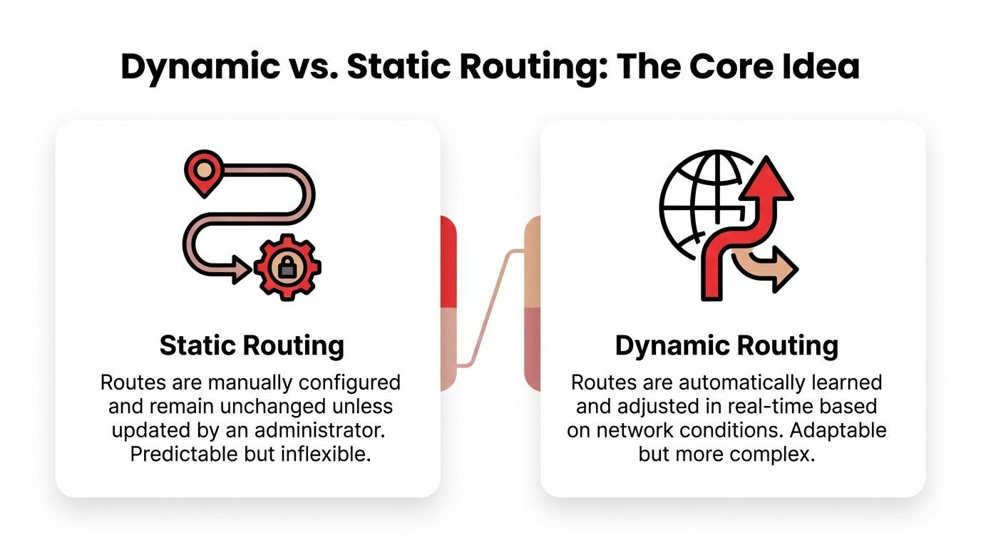 A comparison infographic between static routing, which is manually configured, and dynamic routing, which adapts automatically.