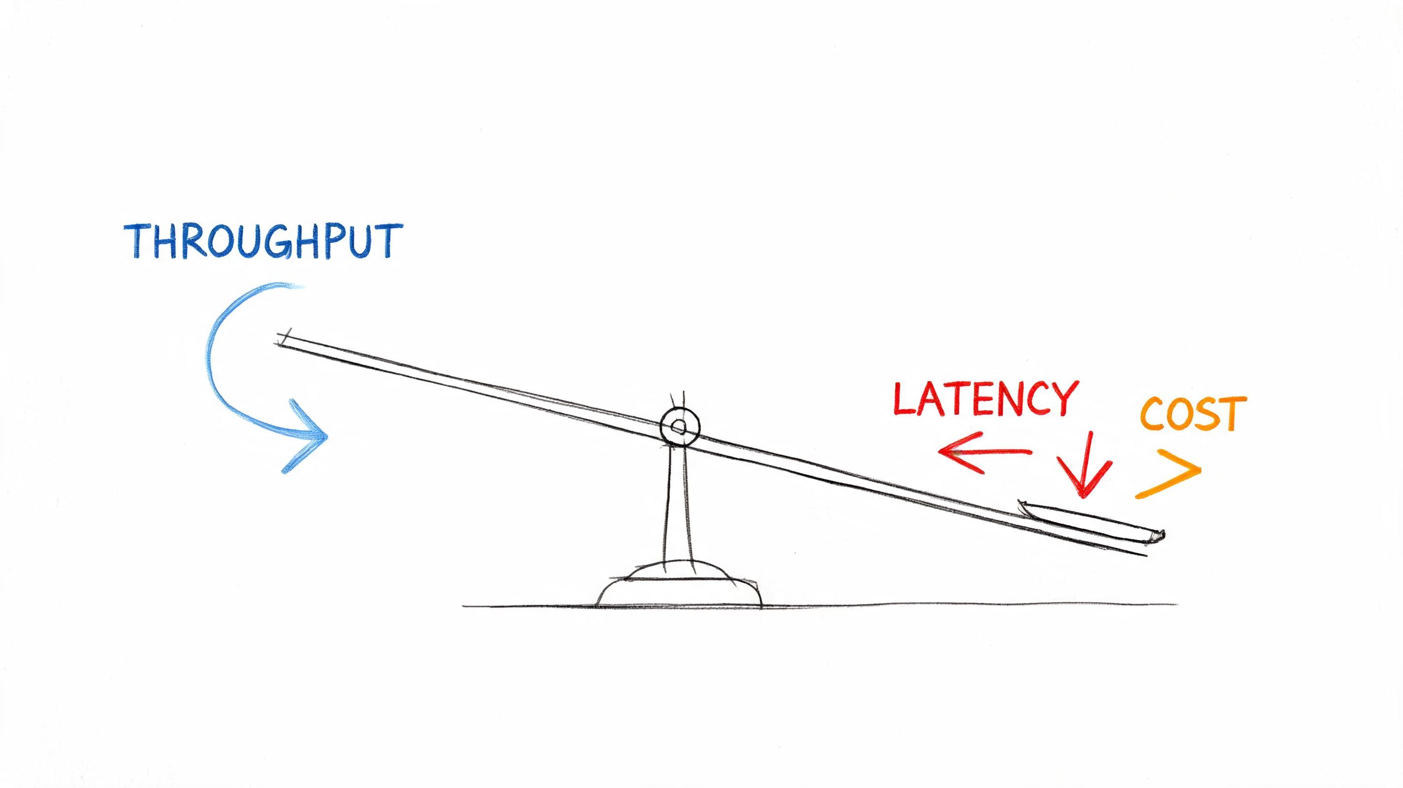 A conceptual seesaw illustration showing the trade-off relationship between throughput, latency, and system cost.