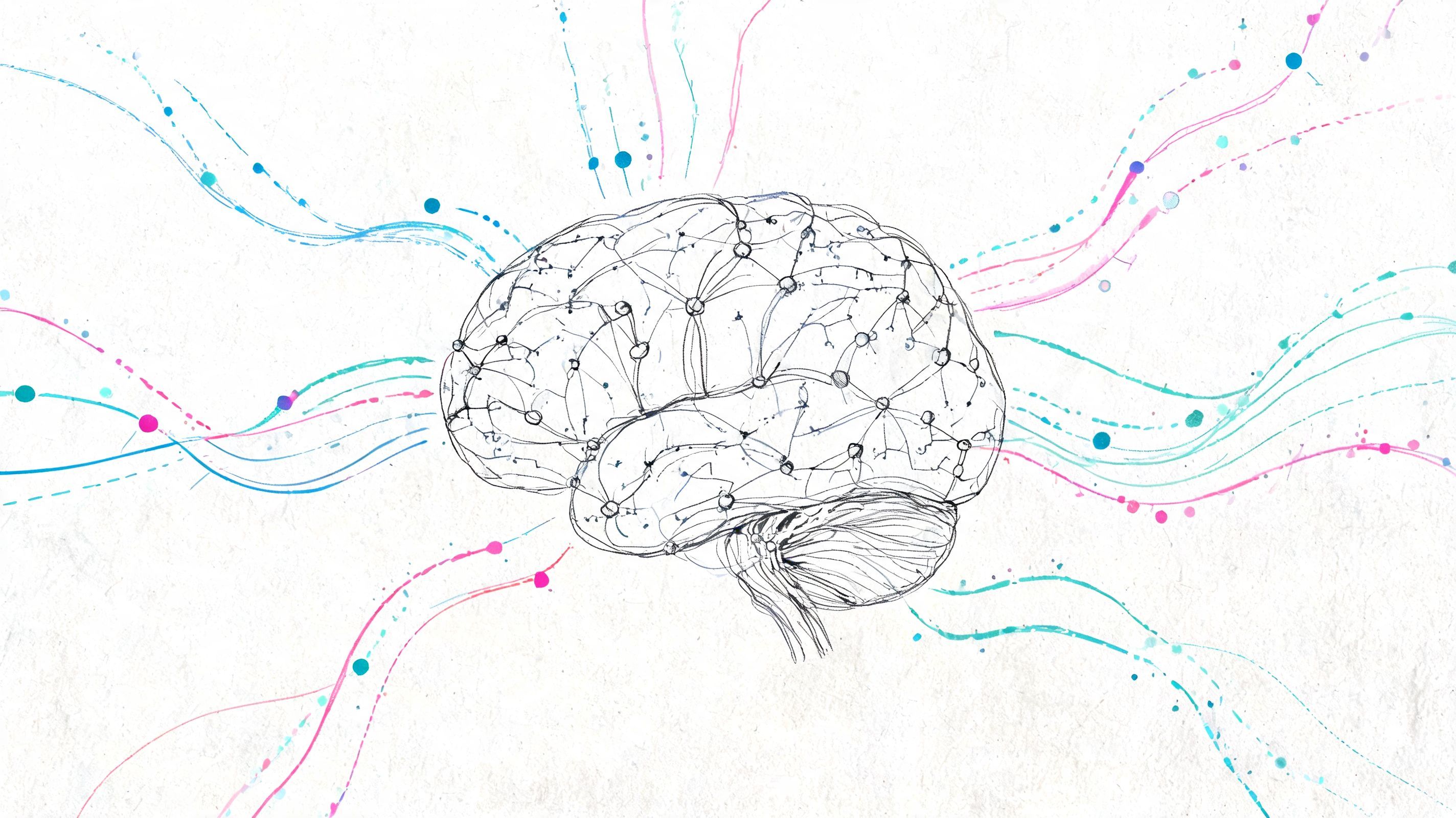 A creative illustration of a human brain featuring connected network lines and vibrant streaming data pathways.
