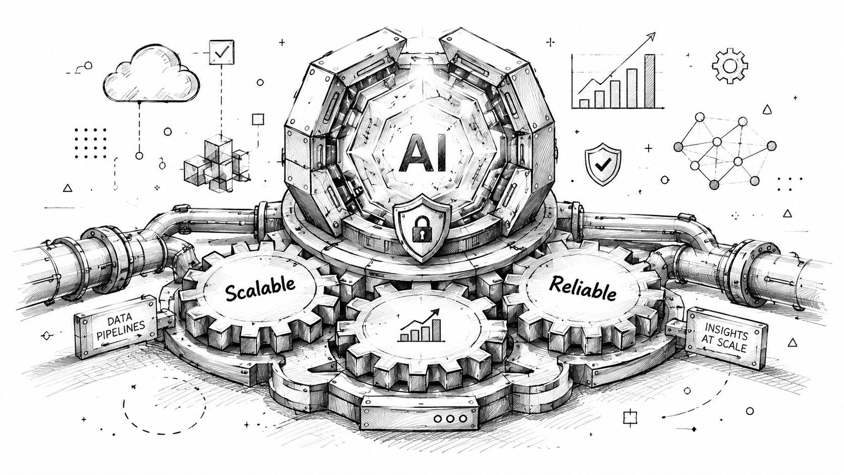 A detailed mechanical sketch showing AI architecture with gears, data pipelines, and security elements for business.