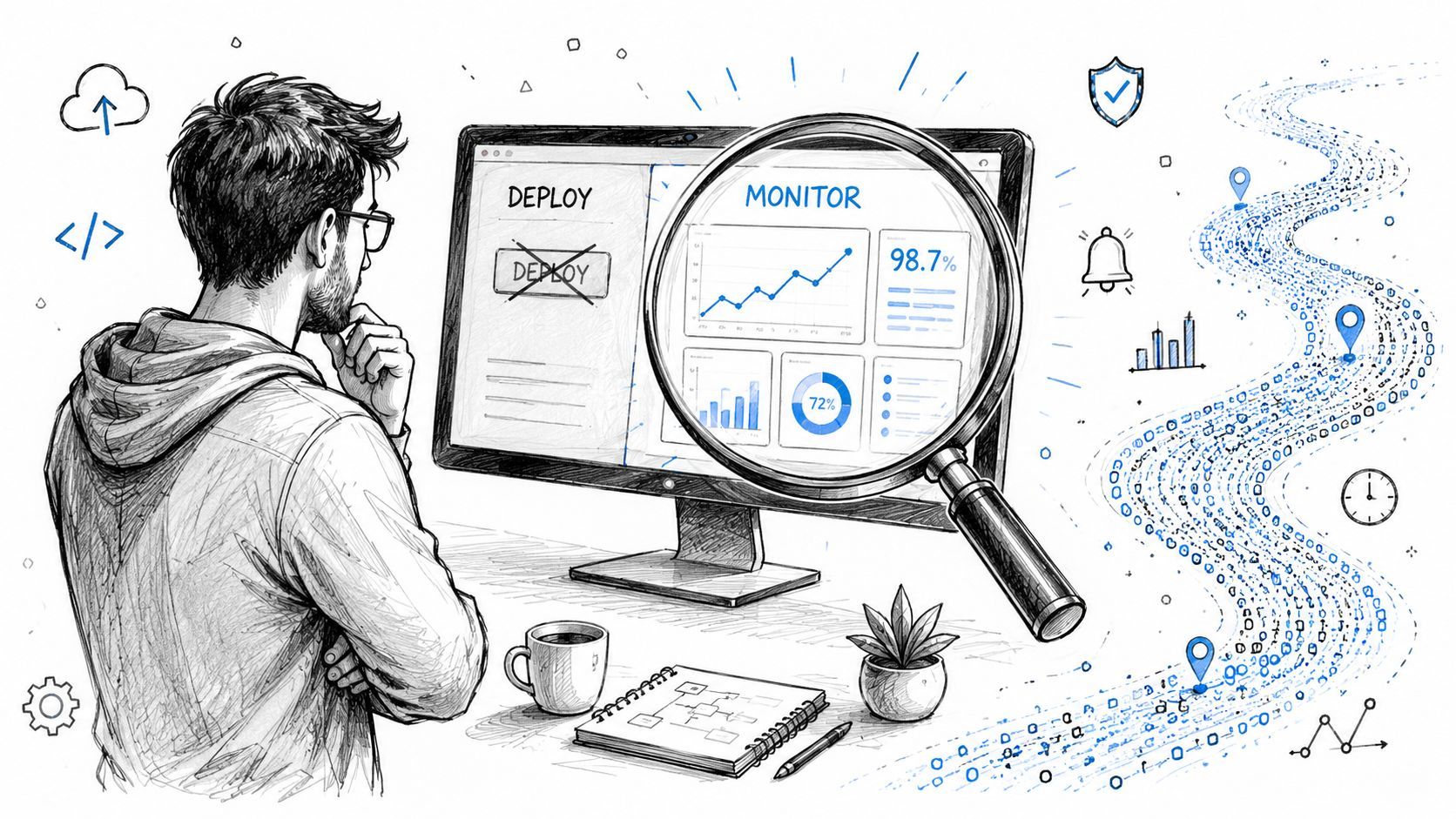 A developer pondering at a computer screen showing software deployment and monitoring data visualizations and metrics.