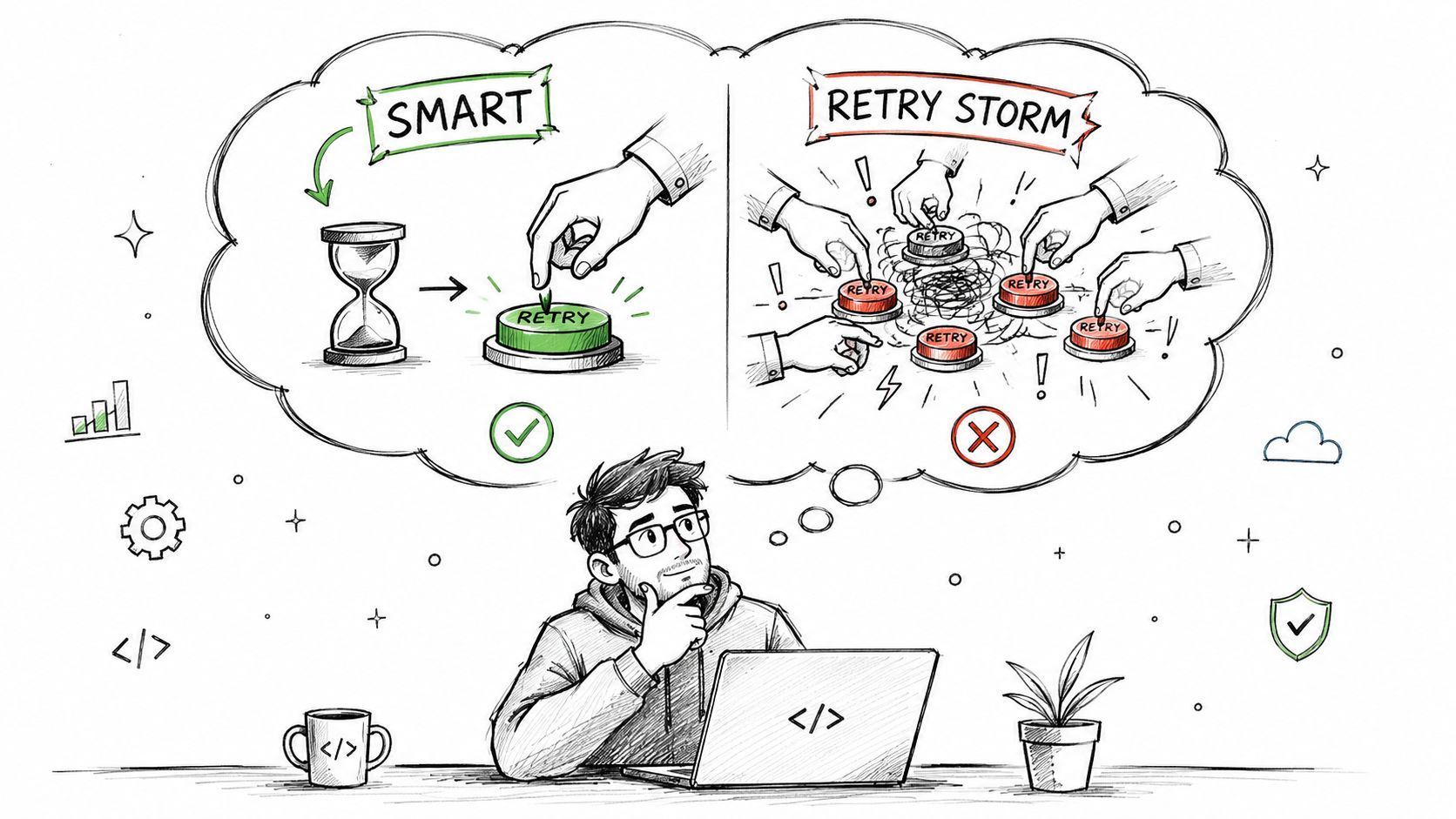 A developer pondering the difference between smart, timed retry mechanisms and chaotic, manual retry storming on systems.
