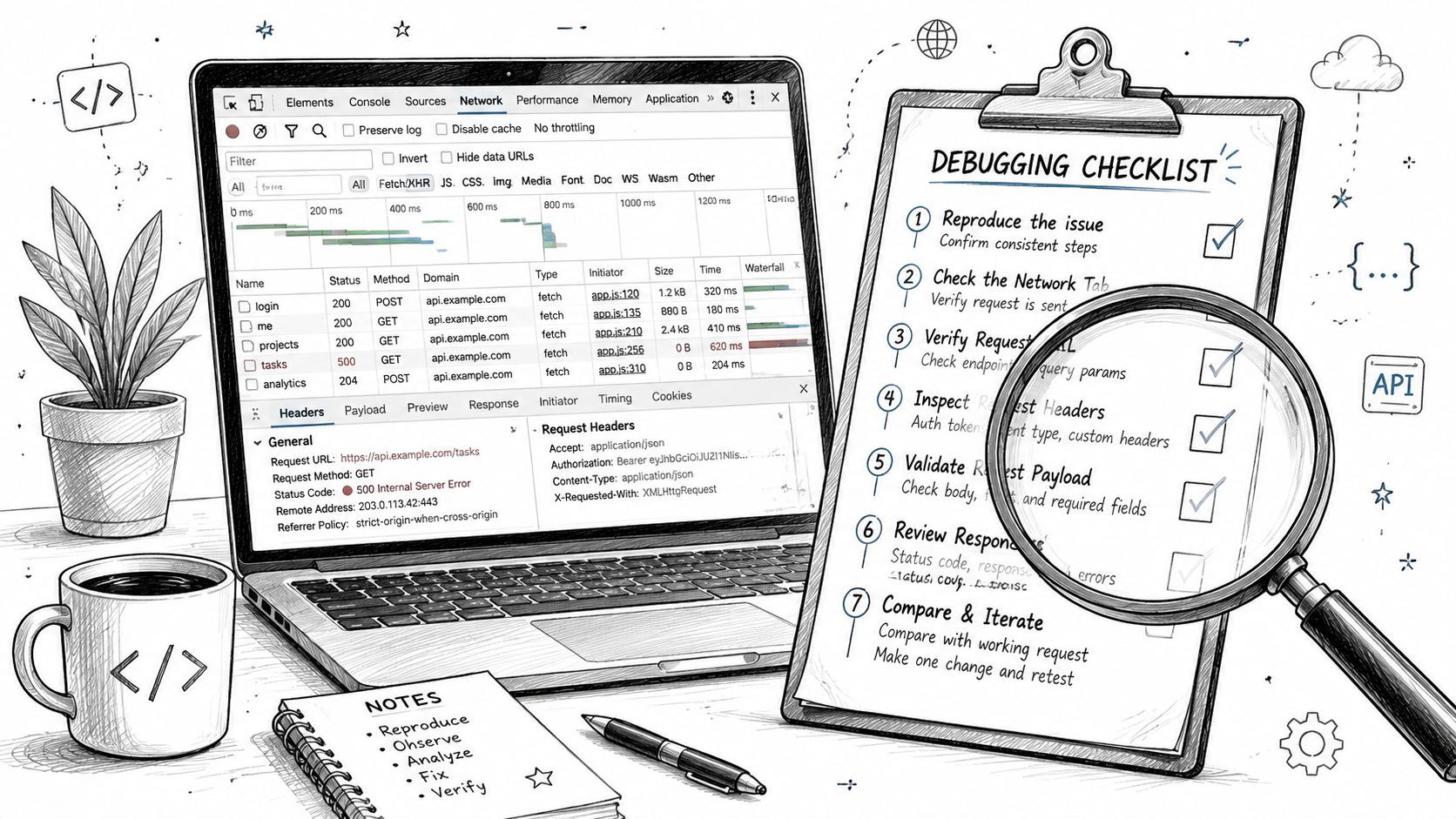 A developer workstation featuring a laptop with network debugging tools and a checklist for API troubleshooting.