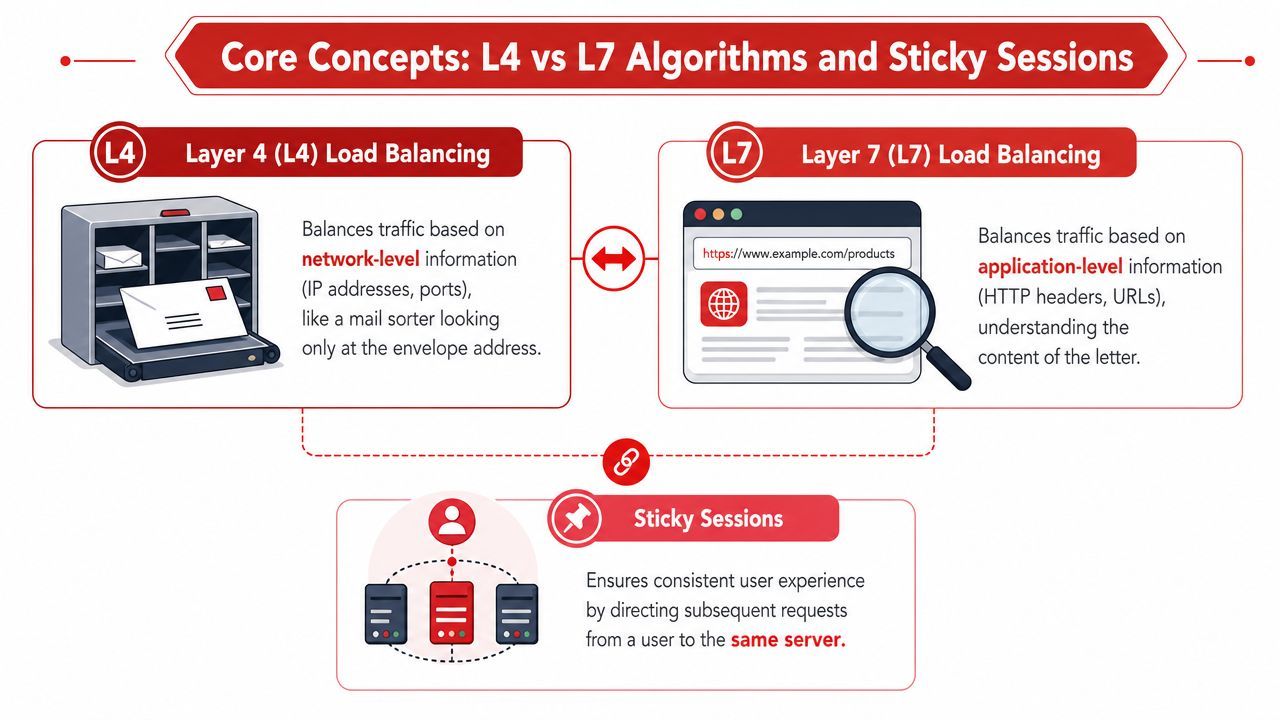 A diagram comparing Layer 4 and Layer 7 load balancing alongside the concept of sticky sessions.