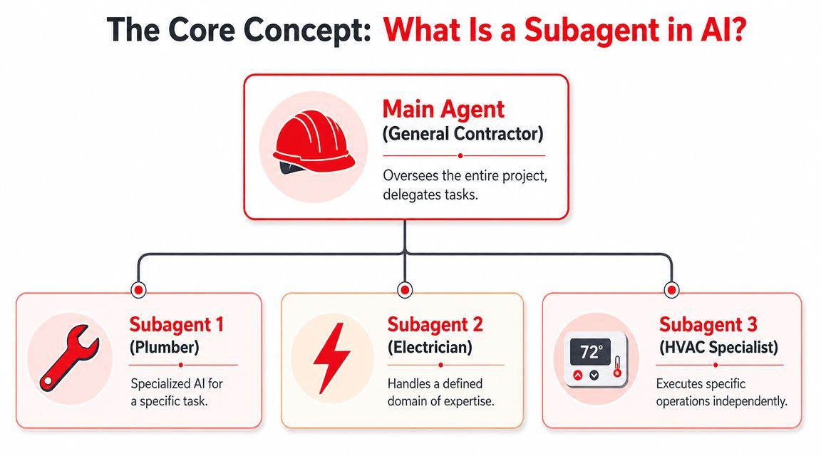 A diagram explaining AI subagents using a construction crew analogy with a general contractor and specialists.