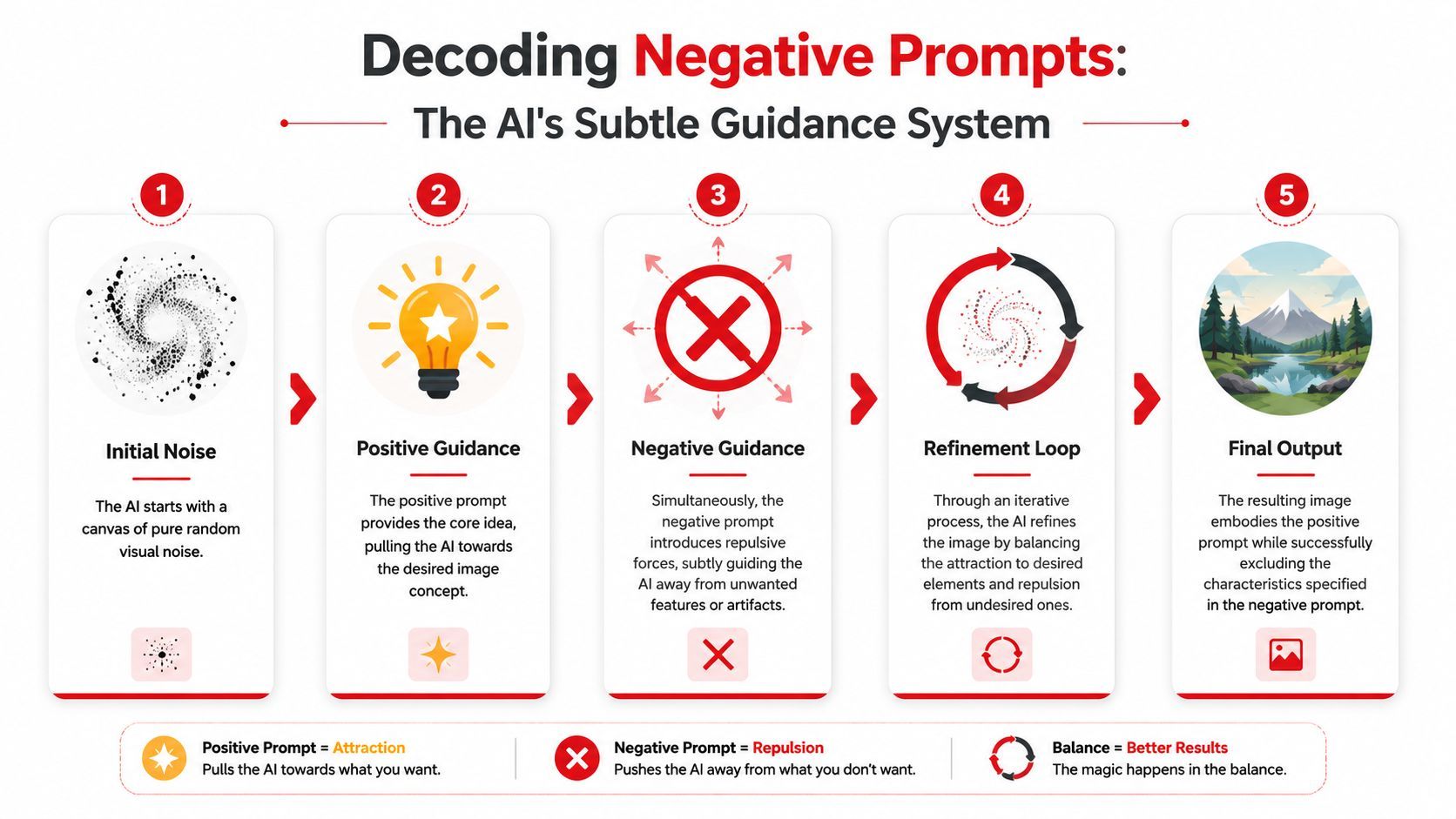 A diagram explaining how AI image generation works by using positive and negative prompts for guidance.