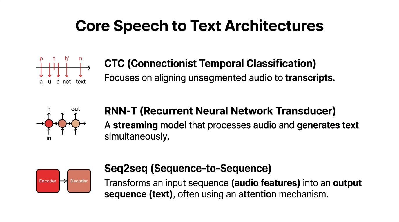 A diagram explaining the three core speech-to-text architectures: CTC, RNN-T, and Sequence-to-Sequence models.