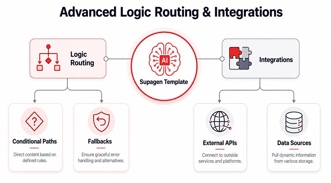 A diagram illustrating Supagen Template features, including logic routing with conditional paths and integrations via APIs and data sources.