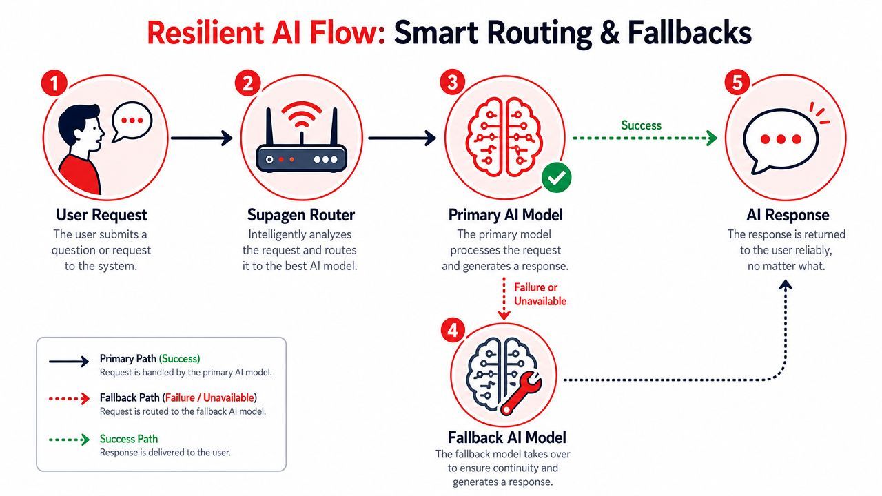 A diagram illustrating a resilient AI flow showing smart routing and fallback mechanisms for AI model processing.