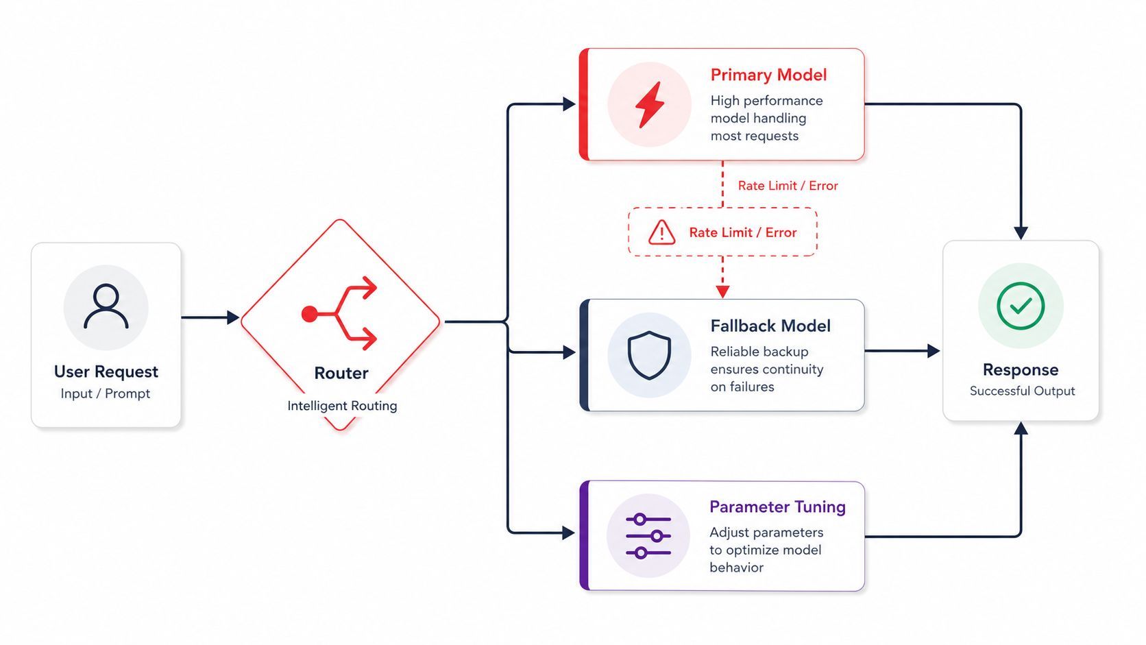 A diagram illustrating an AI agent management system with request routing, a primary model, a fallback model, and parameter tuning.