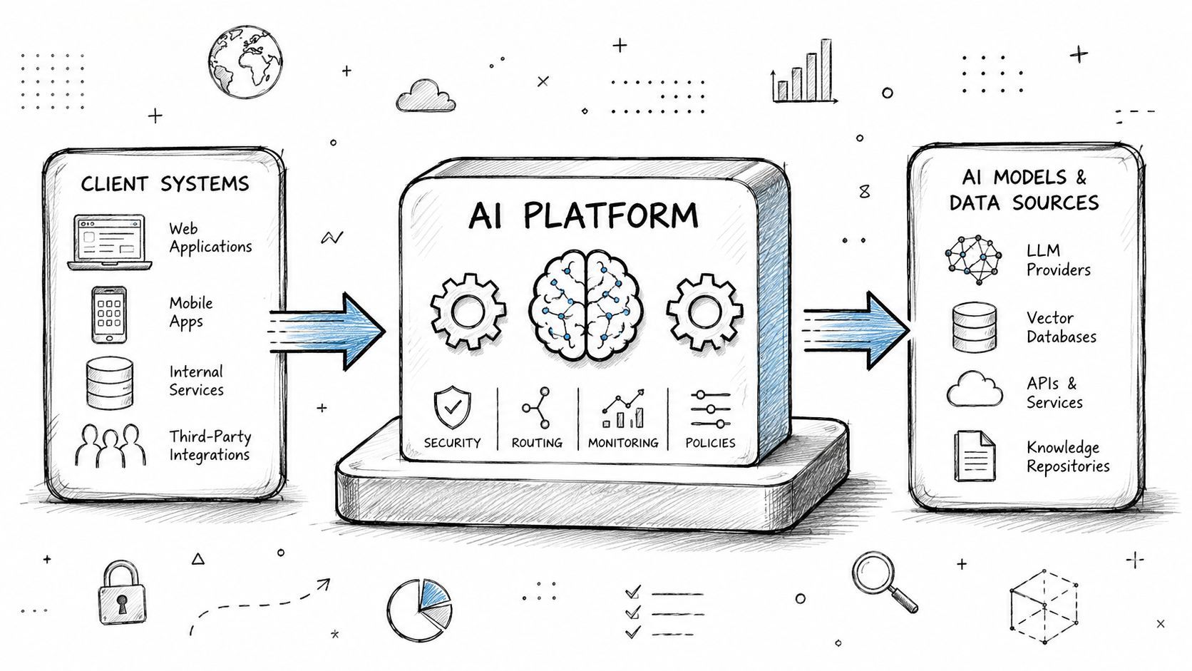 A diagram illustrating an AI platform connecting client systems to various AI models and data sources.