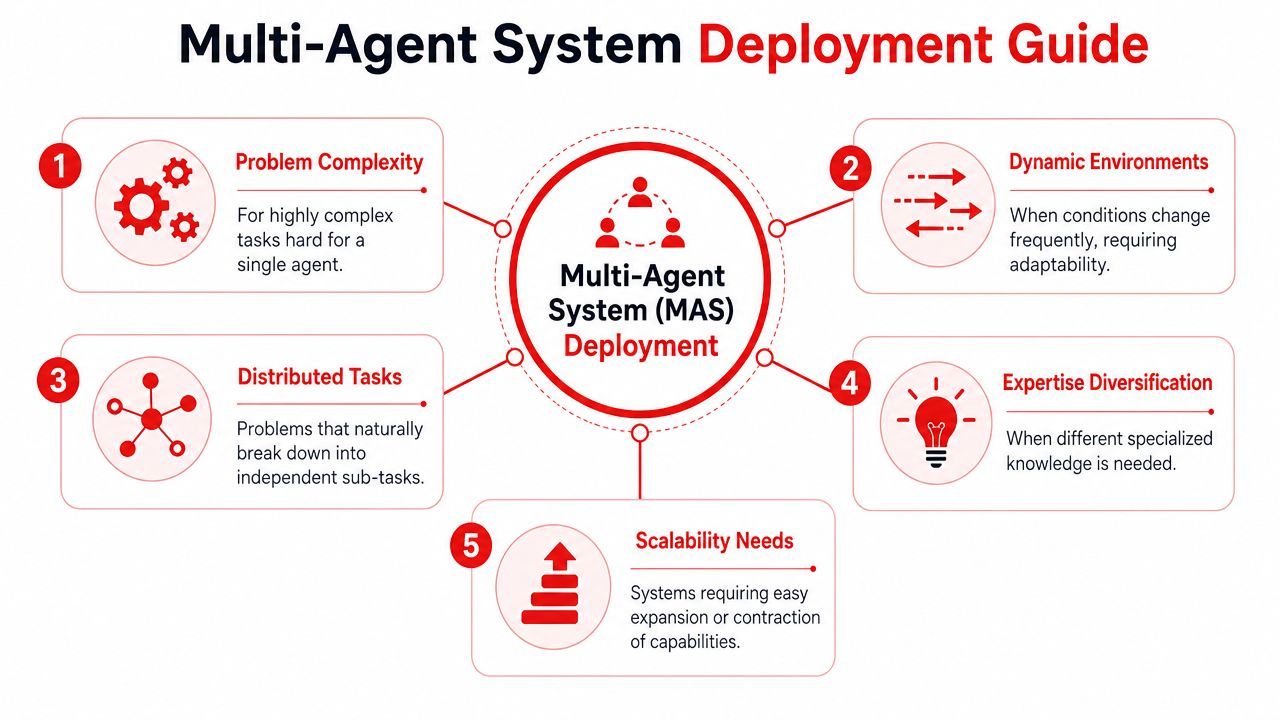 A diagram illustrating five key scenarios and requirements for deploying multi-agent AI systems effectively.