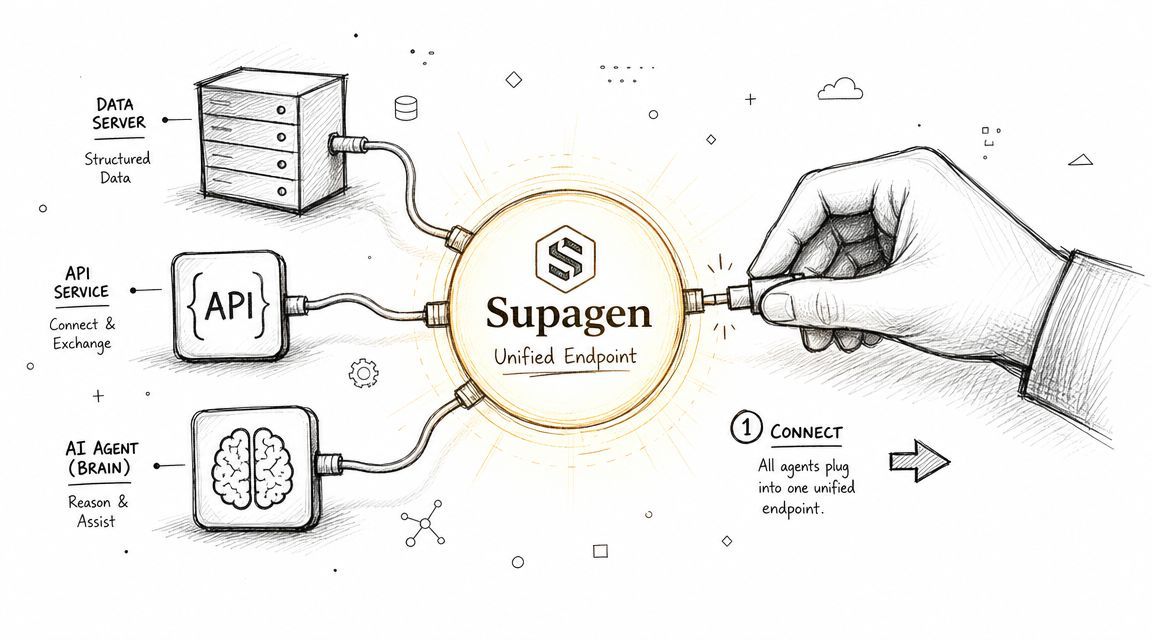 A diagram illustrating the Supagen unified endpoint platform, connecting data servers, APIs, and AI agents into one system.