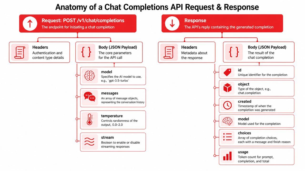 A diagram illustrating the components of a Chat Completions API request and response data structure.