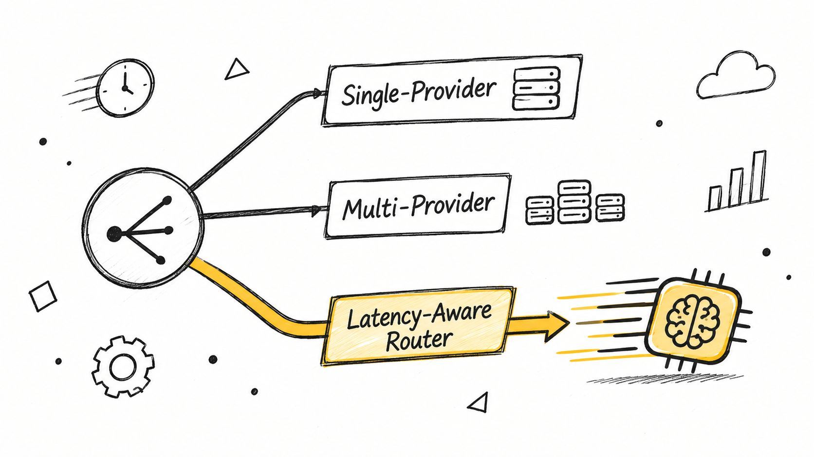 A diagram illustrating the concept of a latency-aware router connecting to multiple data provider architectures.