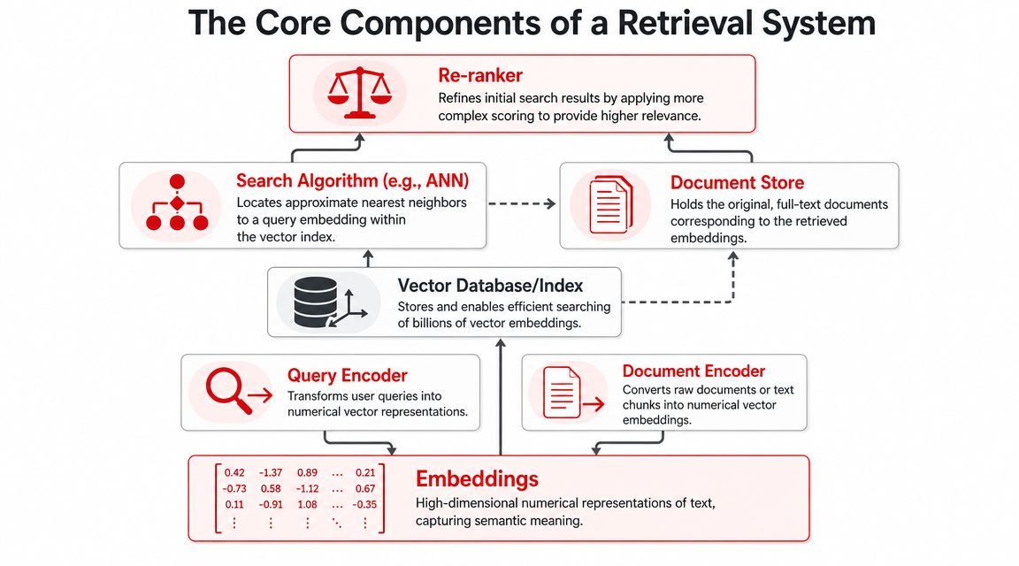 A diagram illustrating the core components of a retrieval system, including encoders, vector databases, and re-rankers.