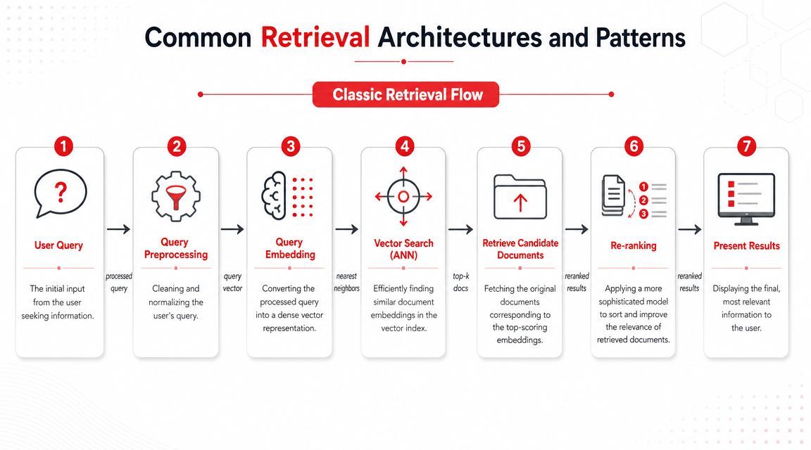 A diagram illustrating the seven-step classic retrieval flow used in information retrieval and search systems.