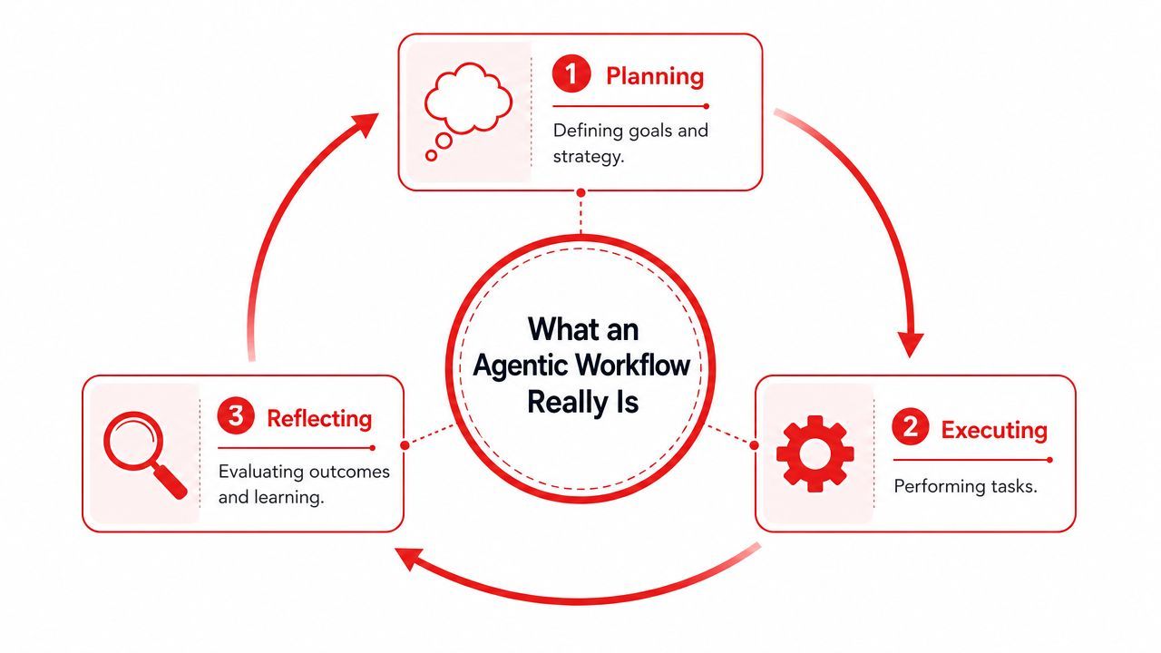A diagram illustrating the three-step cycle of an agentic workflow: planning, executing, and reflecting.