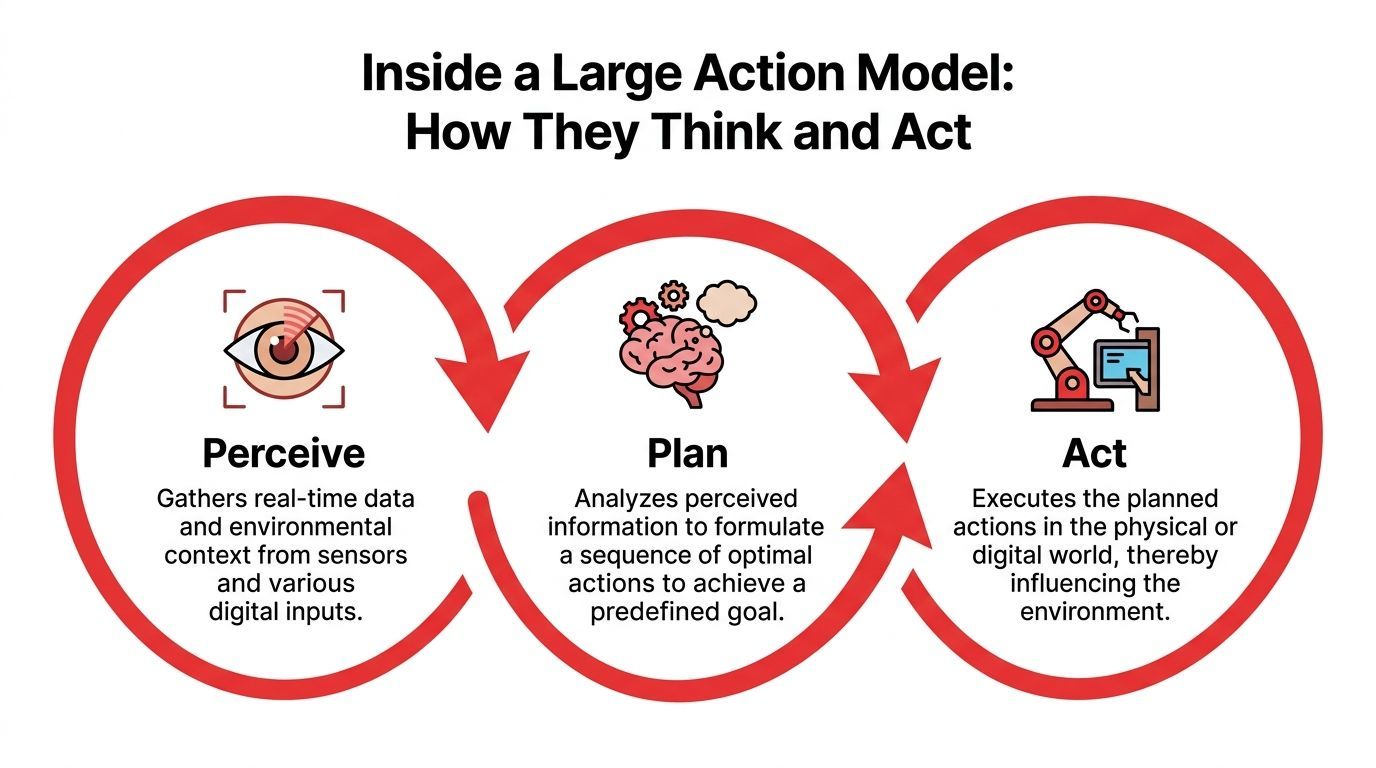 A diagram illustrating the three steps of a large action model: perceive, plan, and act.