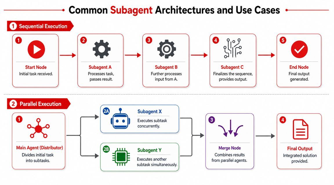 A diagram illustrating two common subagent architecture models: sequential execution and parallel execution for complex task processing.