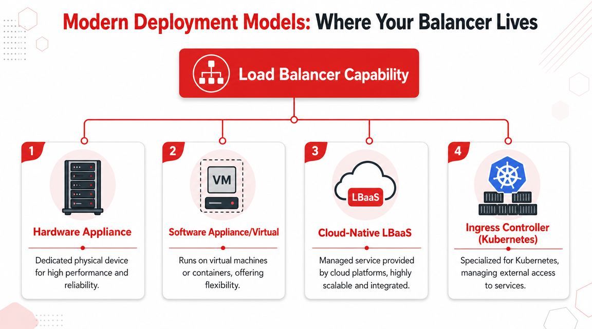 A diagram outlining four modern deployment models for load balancer capability including hardware and cloud-native solutions.