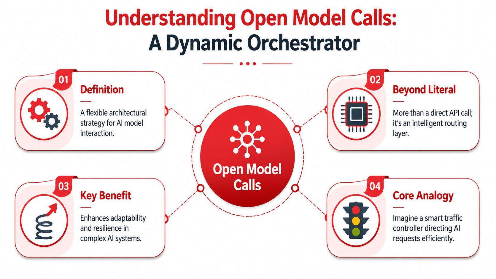 A diagram titled Understanding Open Model Calls illustrating a dynamic orchestrator for AI model interactions and routing.
