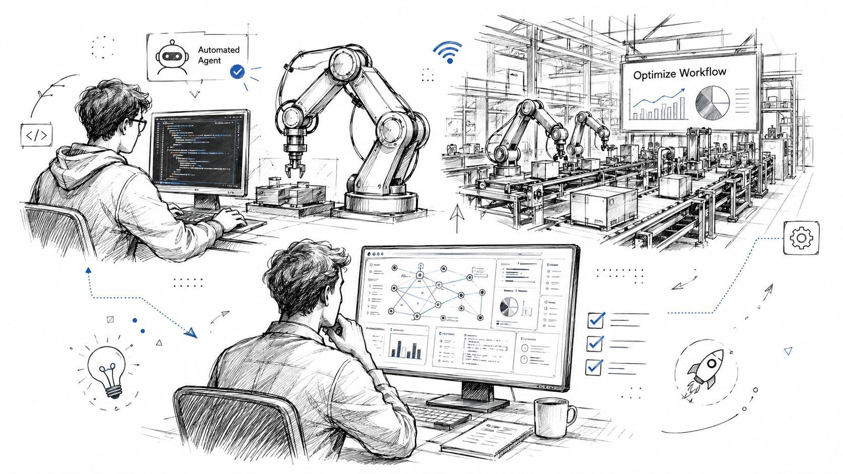 A digital illustration showing engineers using automated AI agents to optimize industrial robotics and data workflows.
