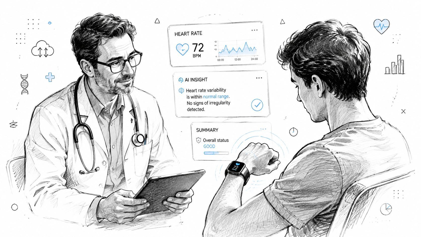 A doctor reviews health data from a patient's wearable device during a consultation about heart monitoring.