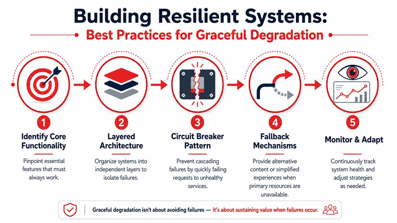 A five-step infographic explaining best practices for building resilient systems through the concept of graceful degradation.