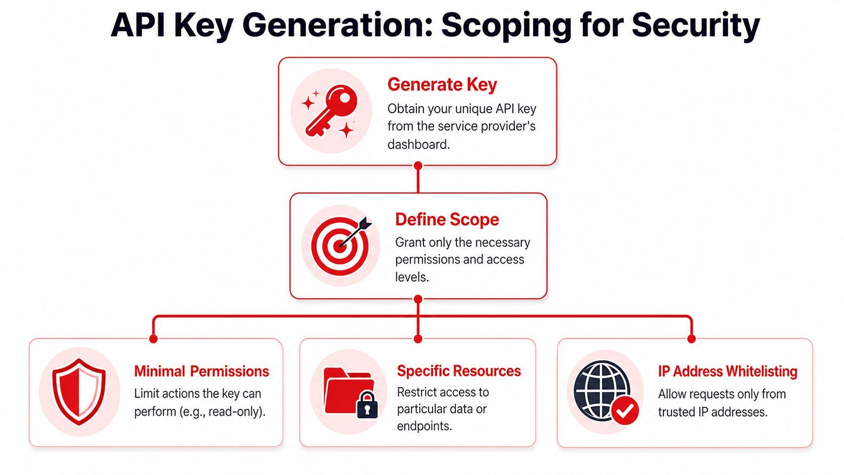 A flowchart showing how to secure API keys by generating them and defining scopes with permissions.