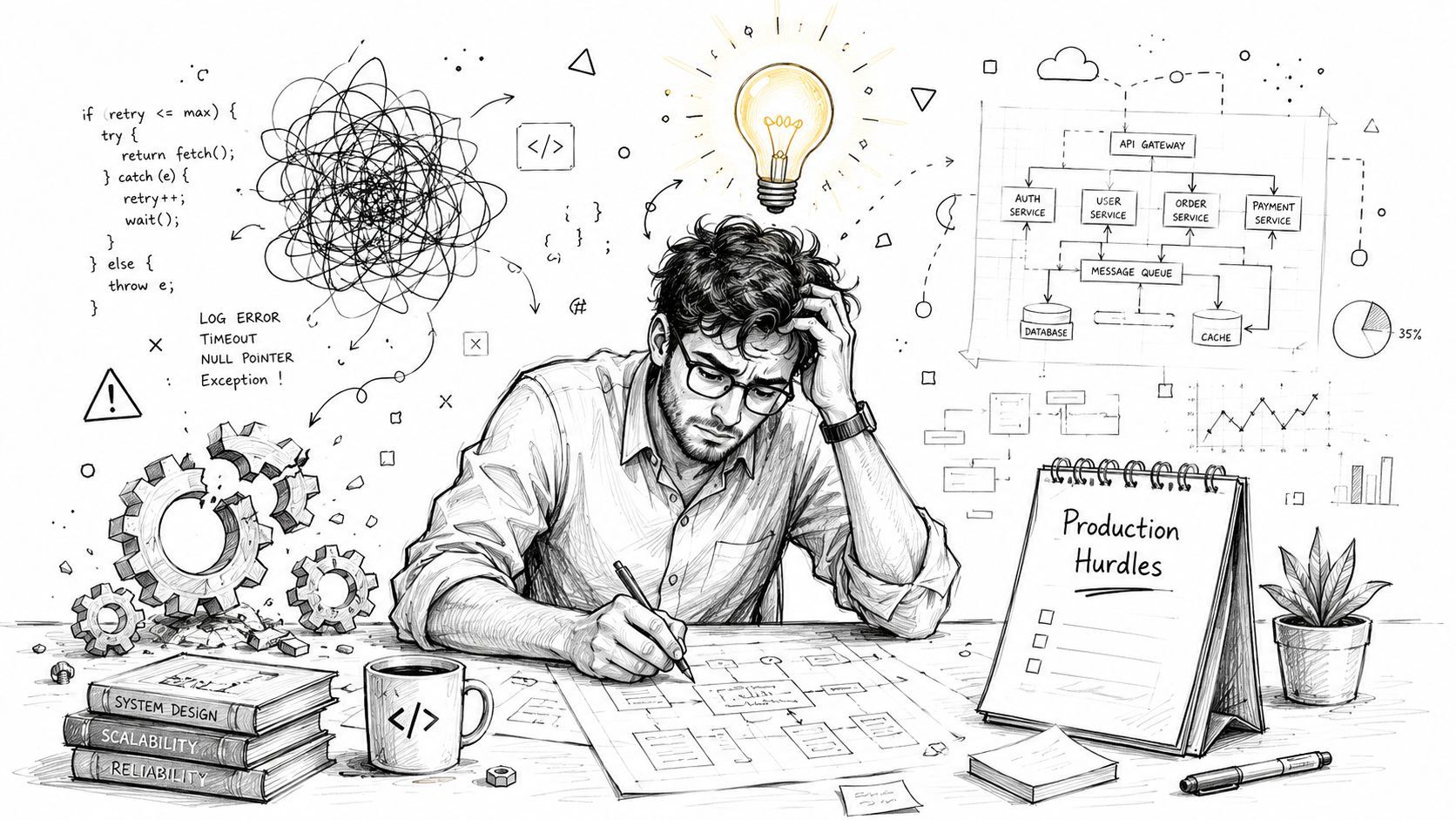 A focused developer sketching software architecture designs at a desk filled with technical books and productivity tools.