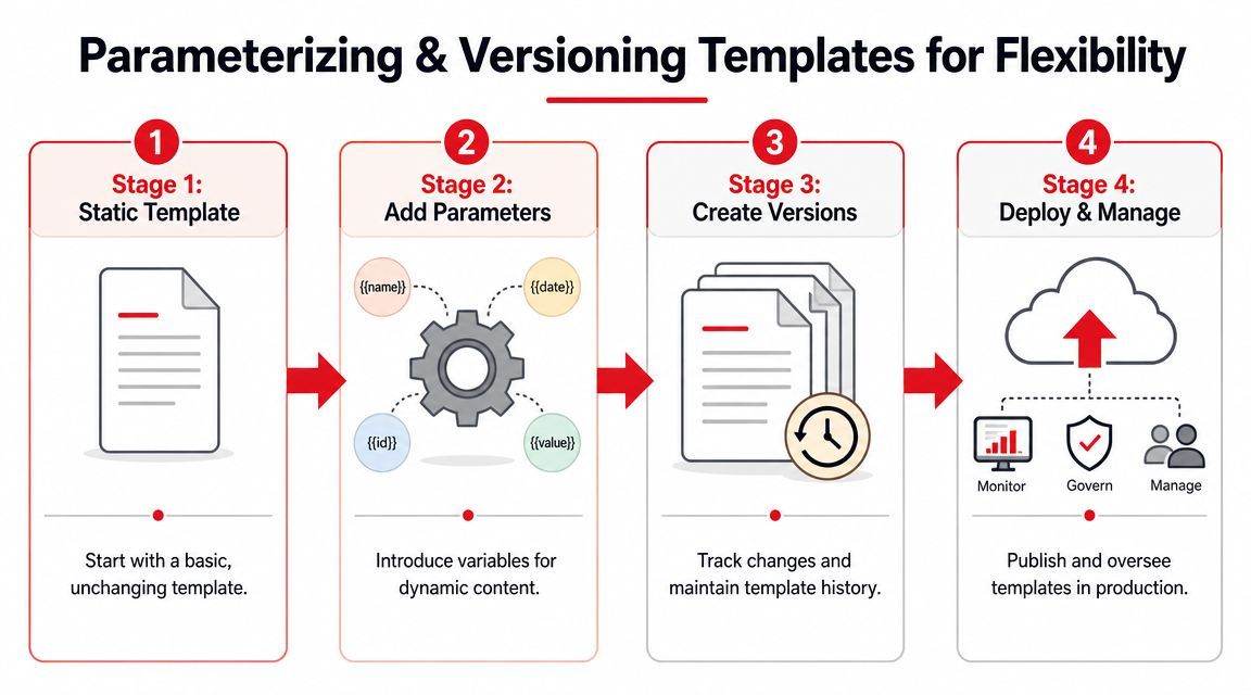 A four-stage infographic illustrating the process of parameterizing and versioning templates for increased flexibility.