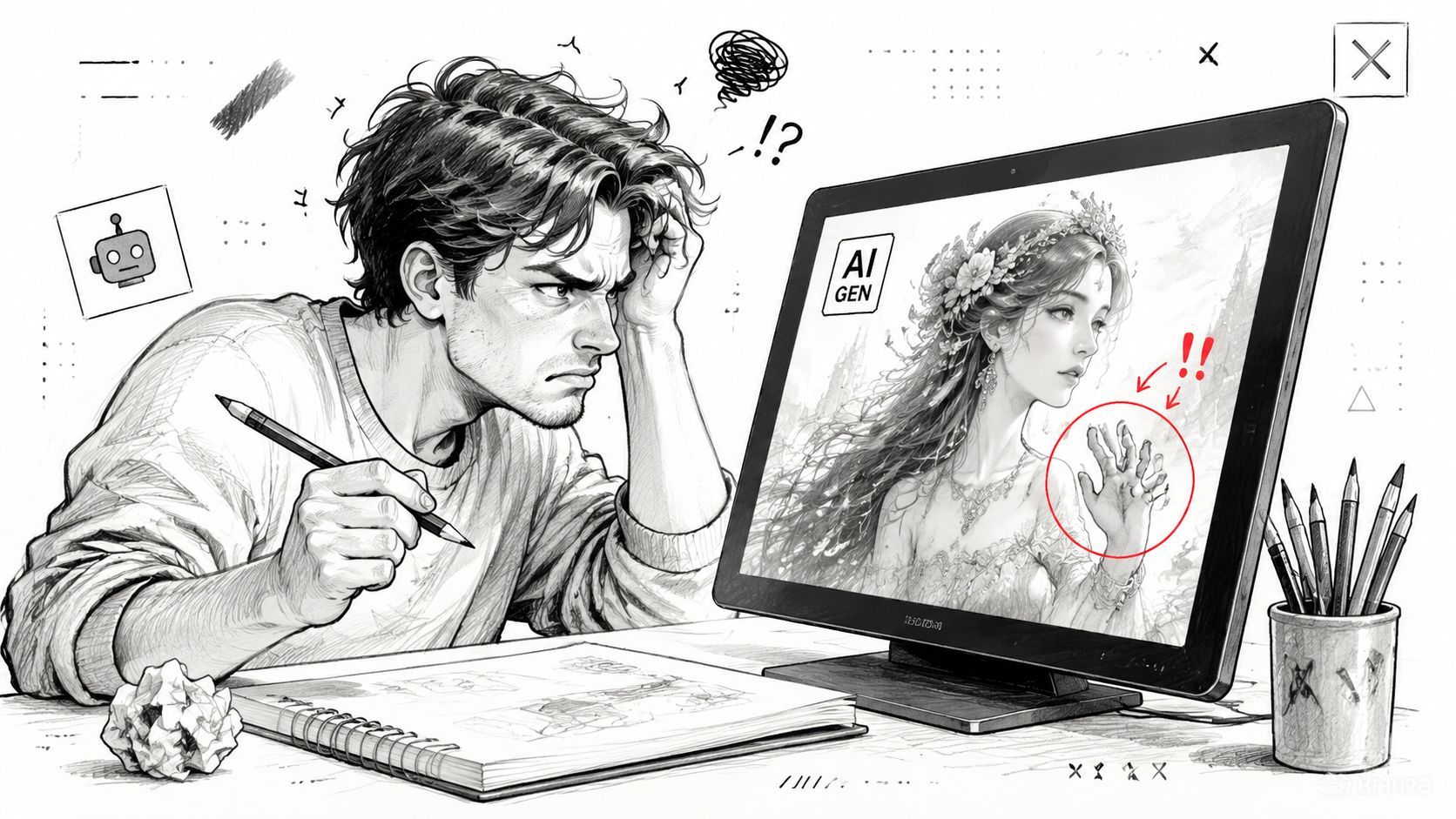 A frustrated artist looking at a digital illustration on a monitor with a distorted hand error.