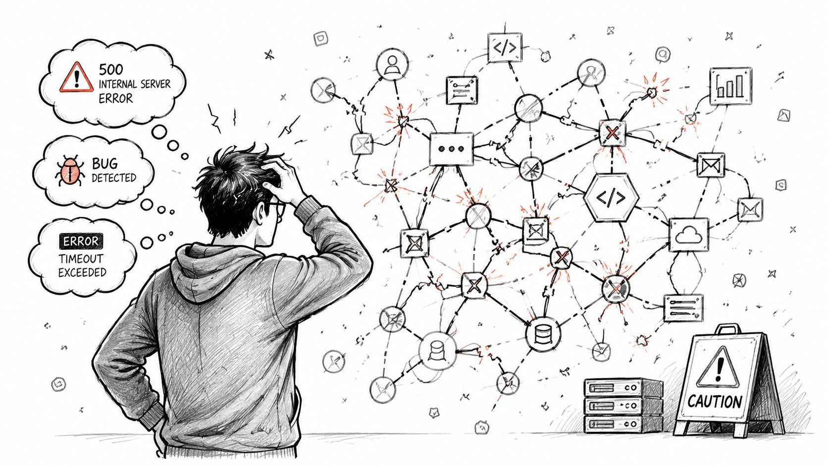A frustrated developer looking at a complex, error-ridden network architecture diagram on a whiteboard.