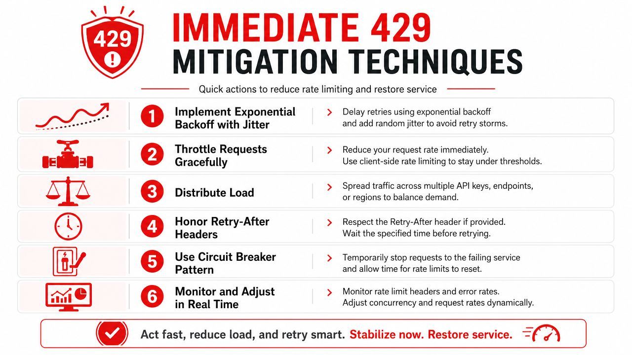 A guide listing six techniques to mitigate 429 too many requests errors and restore API service stability.