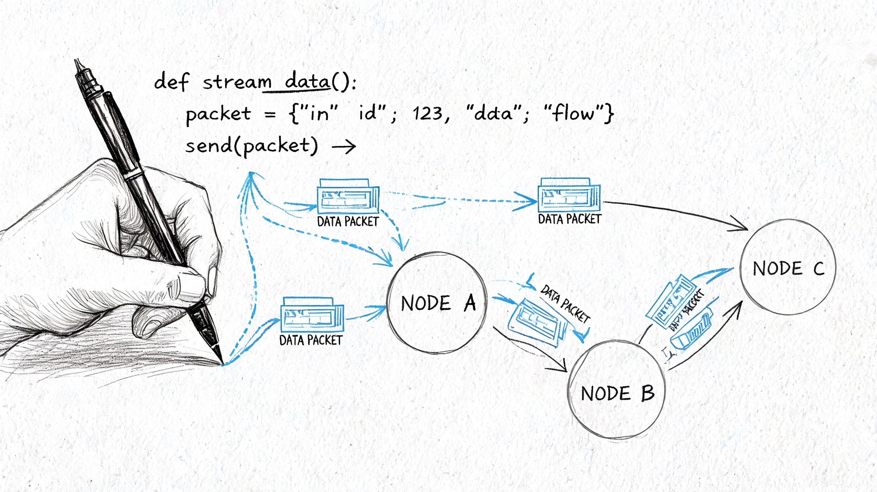 A hand drawing a network diagram showing code streaming data packets between nodes in a system.