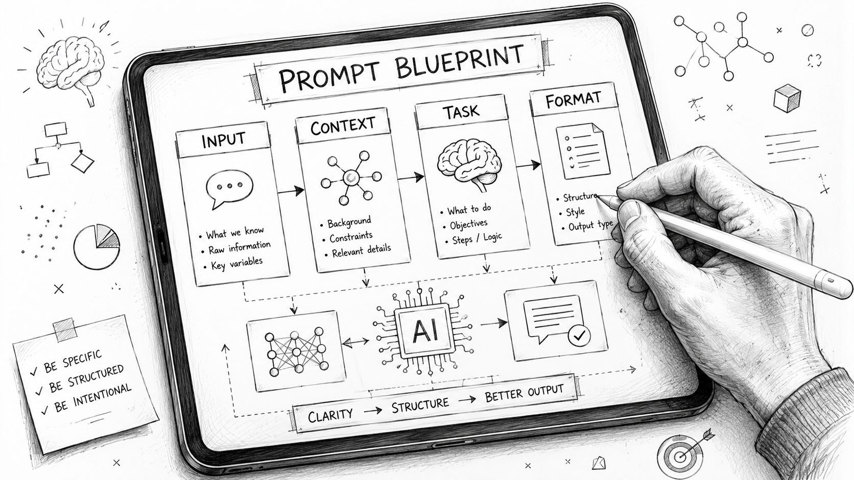 A hand drawing a prompt engineering framework on a digital tablet showcasing AI interaction steps.
