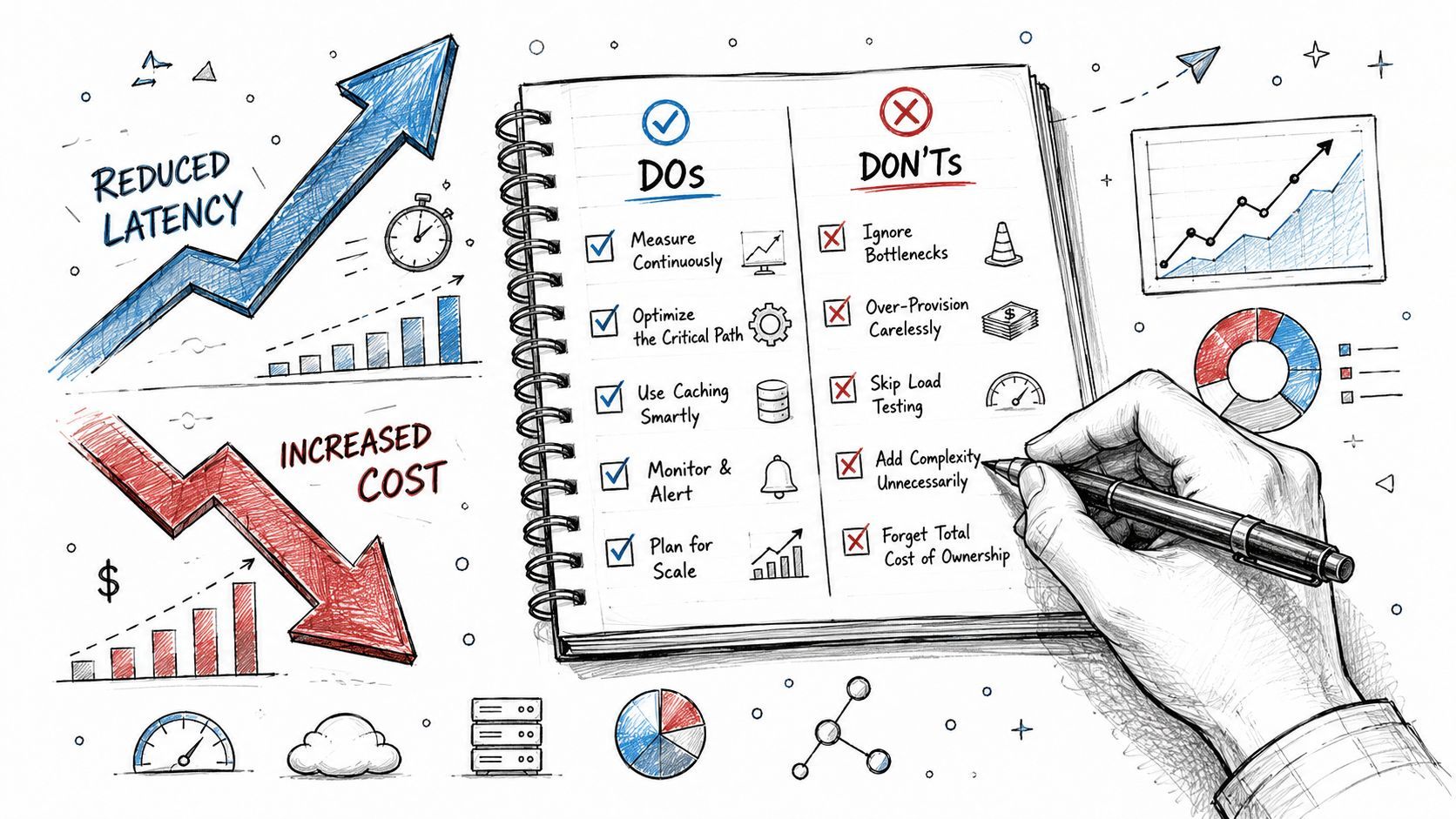A hand drawn checklist comparing optimization DOs and DON'Ts for business performance and cost management.