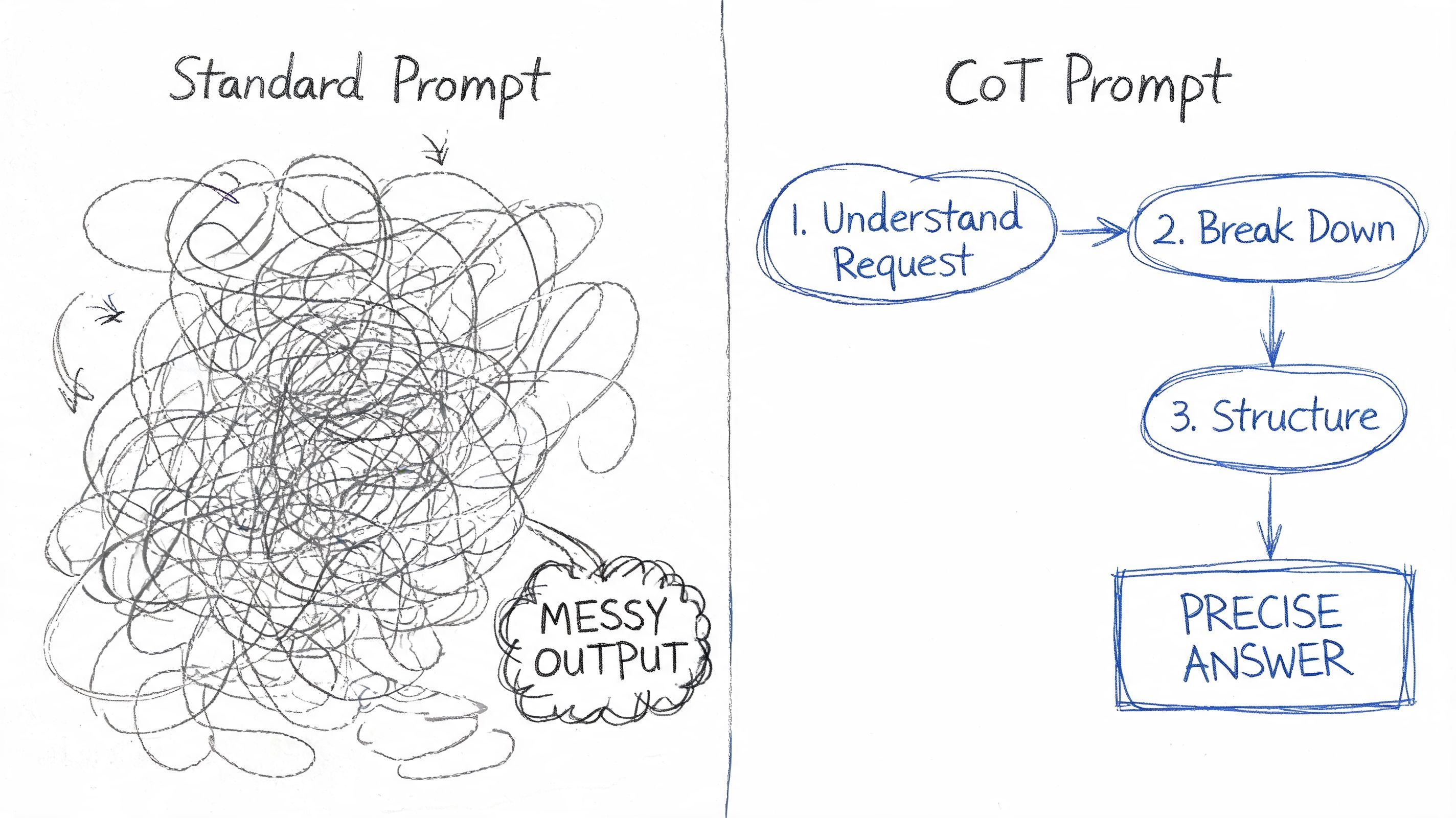 A hand-drawn comparison showing how standard prompts lead to messy outputs versus structured chain-of-thought prompting.