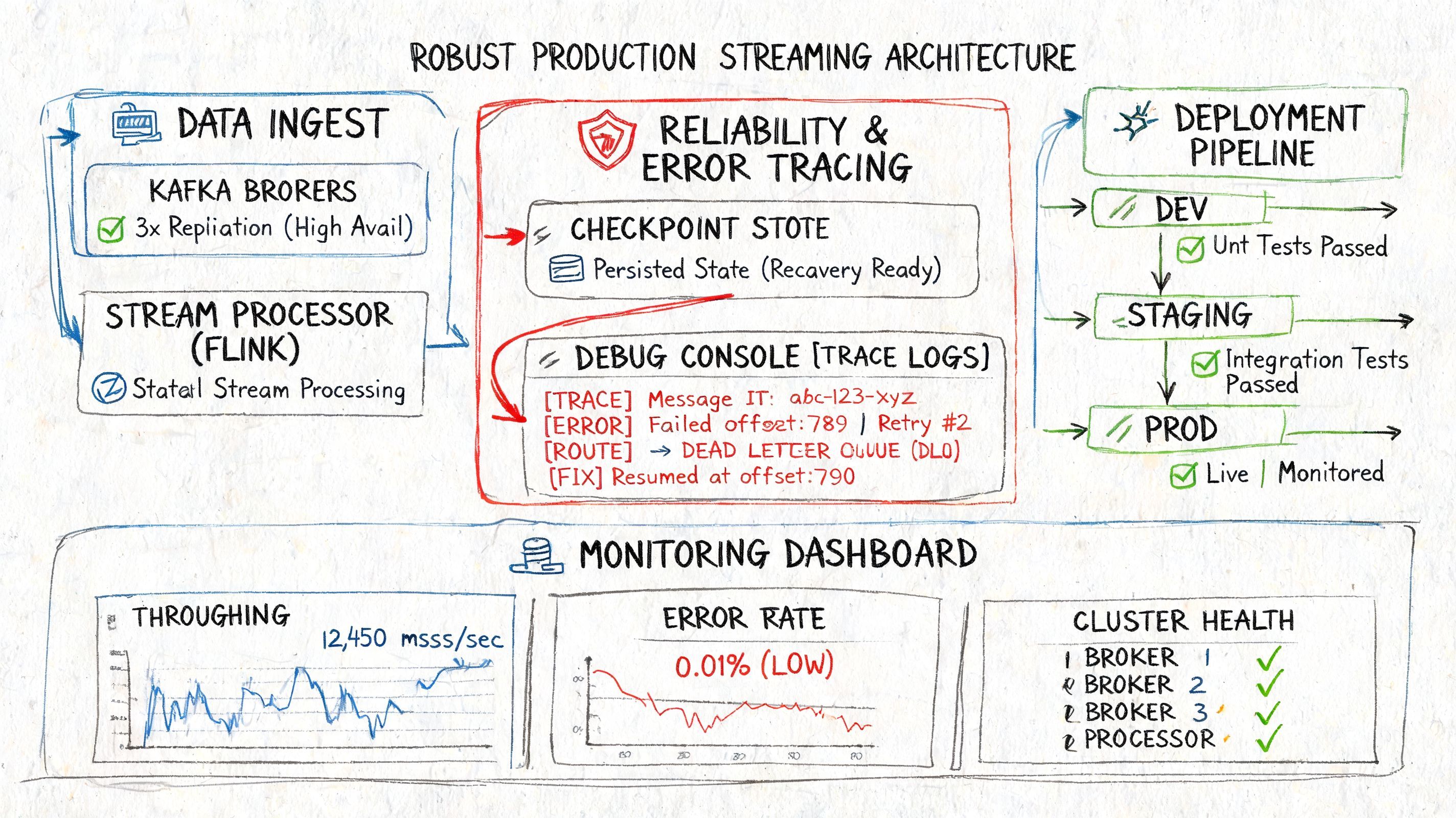 A hand-drawn diagram illustrating a robust production streaming architecture including data ingestion, reliability, and deployment pipeline components.