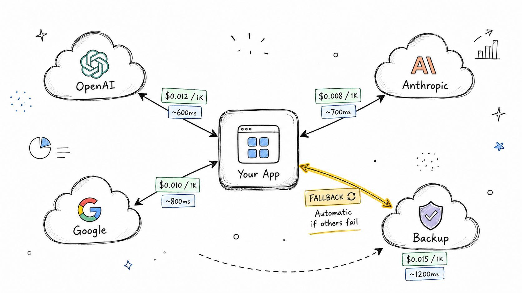 A hand-drawn diagram illustrating an application connecting to multiple AI models like OpenAI, Anthropic, and Google with a backup fallback.